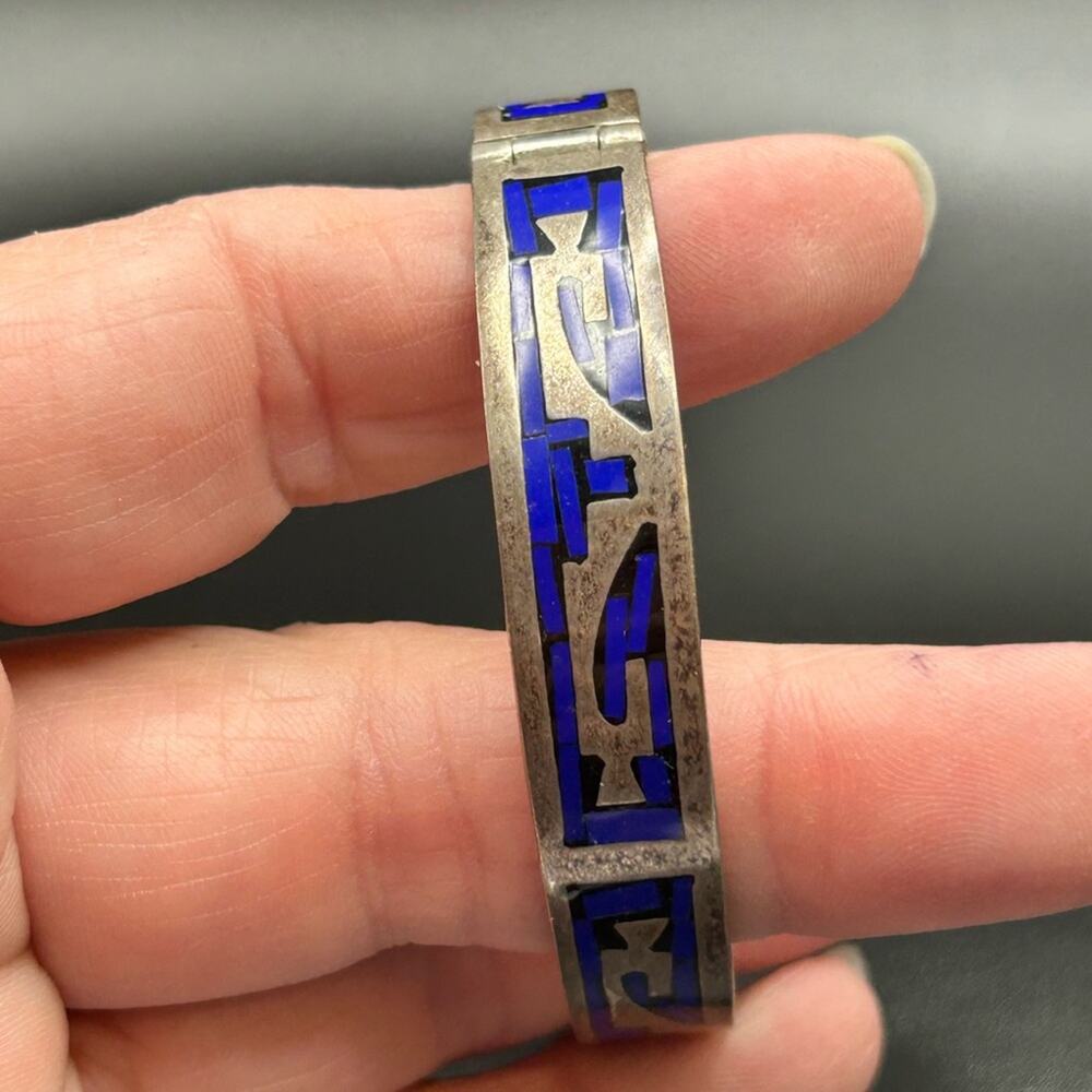 Taxco 925 Sterling Silver inlay hinged bangle bracelet #437 Stunning! - Picture 7 of 12